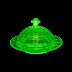 Vintage Hazel Atlas Green Depression Glass Butter Dish Uranium Glass